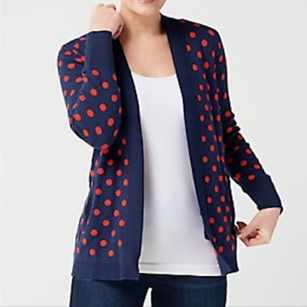 Isaac Mizrahi Navy and Red Long-Sleeve Polka Dot Preppy Aesthetic Cardigan